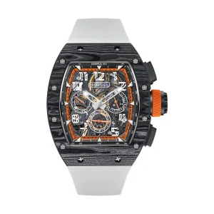 Manual-Winding Mechanical Watch – Tonneau-Shaped Carbon Fibre Case with Luminescent Hands, Rubber Strap
