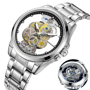 Manufacturer’s Luxury Skeleton Wristwatch for Men Stainless Steel Band Quartz Movement Pointer Dial Customizable Logo Design