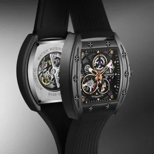 Mark Fairwhale Automatic Mechanical Rectangle 42mm Luxury Men’s Watch Double sided Hollow Silicone Band Pointer 3ATM Waterproof