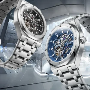 Mark Fairwhale Hollow Automatic Mechanical Watch 42mm Metal Band Waterproof Luminous Skeleton Geometric Cutting Case Wristwatch