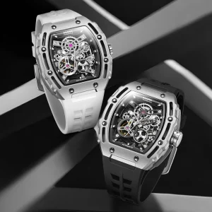 Mark Fairwhale Hollow Automatic Mechanical Watch for Men 43mm Steel Case Rubber Strap Waterproof Luminous Skeleton Wristwatch