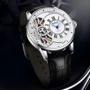 Mark Fairwhale Luxury Mens Automatic Mechanical Watch 42MM Metal Case Leather Band Semi Skeleton Movement Waterproof Luminous