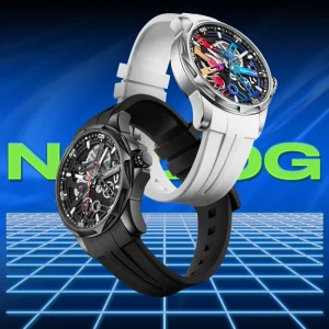 Mark Fairwhale Luxury Mens Automatic Mechanical Wristwatch Double Hollow Out Cyclone Case Rubber Strap Waterproof Luminous Dial