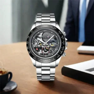 Mark Fairwhale Men Automatic Mechanical Watch 40MM Metal Case Bracelet Chronograph Tachymeter Waterproof Luminous Business Sport