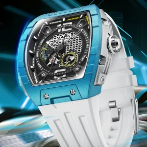 Mark Fairwhale Men’s Automatic Mechanical Watch 46mm Metal Case Rubber Strap Multifunction Dial Waterproof Luminous Chronograph