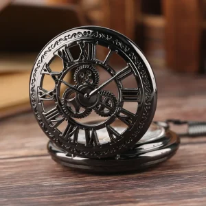 Mechanical Antique Stainless Steel Pocket Watch Roman Number Dial Skeleton Men’s Gear Watch