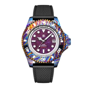 Mechanical Automatic Movement Titanium Damascus Underwater Diving Watch for Men Leather Silicone Limited Edition Super-Luminova