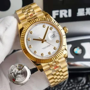 Mechanical Automatic Watch Men’s 904L Stainless Steel Band Luminous Pointer Dial Gold Accents 41mm