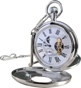 Mechanical Hand Wind Pocket Watch for Men Half Hunter Double Covers 24 Hour Day Moon Phase with Tourbillon