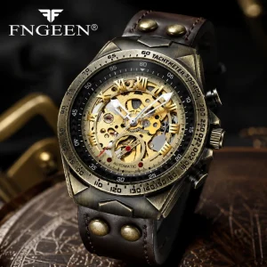 Mechanical Mens Watch Automatic Movement Stainless Steel Sport Antique Leather Band Luminous Hands Dial 3ATM Water