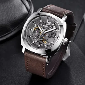 Mechanical Men’s Watch Luminous Hands Hollow Design Automatic Wristwatch Tourbillon Leather Strap