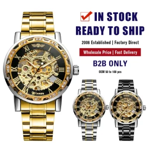 Mechanical Sport Watches with Power Reserve and Gold Skeleton Stainless Steel Band