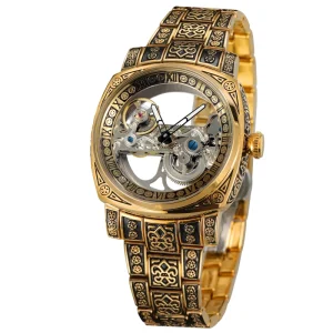 Mechanical Watch European and American Style Men’s Fashionable Hollowed Out Retro Carved Stainless Steel Mechanical