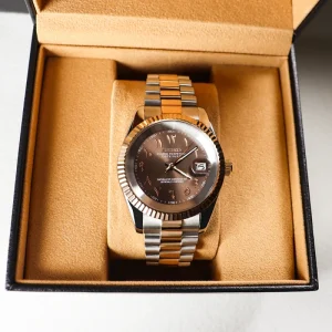Mechanical Watch Movement Push Button Hidden Clasp Stainless Steel Two Tone Silver Brown Luxury Men Watch