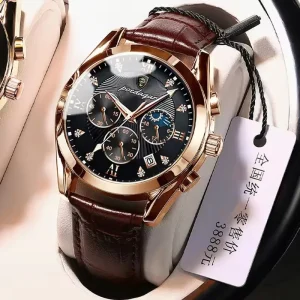 Mechanical Watch Stainless Steel case Leather Strap Glass Dial Chronograph 3BAR Water Resistant Luminous Hands Moon Phase Watch