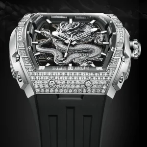 Mechanical Watch for Men Automatic Skeleton 42mm Mineral Glass Waterproof Luminous Rubber Wrist Watch