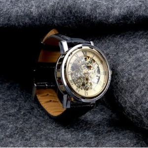 Mechanical Watches Transparent Golden Case Luxury Design Brown Leather Strap Mens Watches Top Brand Mechanical Skeleton Watch