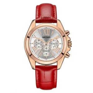 Megir 2114 Female Quartz Red Color Women’s Water Resistant Wristwatch Leather Band Material Factory Price Watch Luxury Women