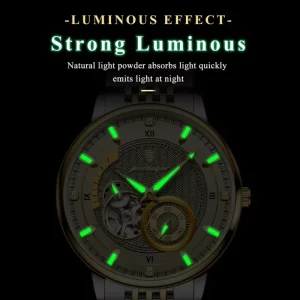 Men Antique Mechanical Watch Skeleton Dial Stainless Steel Bracelet Luminous Pointer 3BAR Water Resistant Business