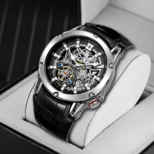 Men Automatic Mechanical Movement Watch Leather Strap Montre Homme Skeleton Watches for Mens