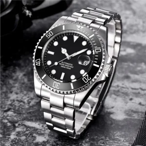 Men Automatic Mechanical Watch 100M Water Resistant Luminous Diver Stainless Steel Bracelet Rotating Bezel Black Dial