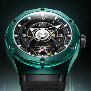 Men Automatic Mechanical Watch 45MM High Permeability Glass Case Sapphire Mirror Fluoro Rubber Strap 3ATM