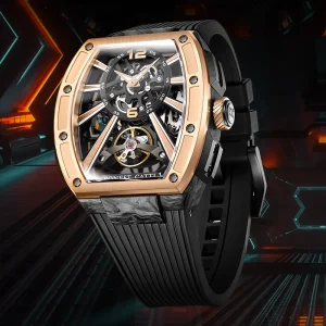 Men Automatic Mechanical Watch Carbon Fiber Steel Case Curved Sapphire Crystal 5ATM Waterproof Fluororubber Strap