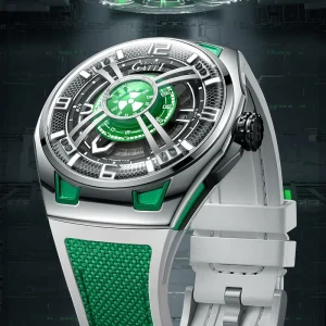Men Automatic Mechanical Watch Fabric Leather Fluoro Rubber Strap Sapphire Glass 50M Waterproof