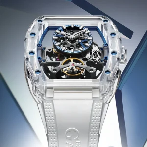 Men Automatic Mechanical Watch High Transparency Glass Case HD Sapphire Crystal 5ATM Waterproof Fluororubber Strap