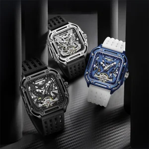 Men Automatic Mechanical Watch Luminous Scale Hollow Pointer Rubber Strap 44mm Metal Case 3BAR Waterproof