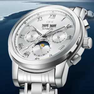 Men Automatic Mechanical Watch Multifunction Chronograph Week Date 24 Hour Dial Waterproof Luminous Business Sport