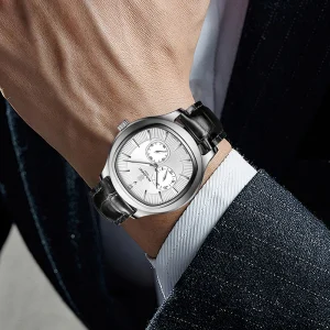 Men Automatic Mechanical Watch Multifunction Dial Stainless Steel 5ATM Water Resistant Business Wristwatch