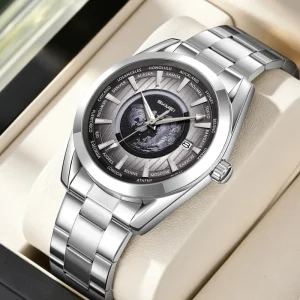 Men Automatic Mechanical Wristwatch SKMEI 9399 Stainless Steel Strap 3ATM Waterproof Earth Dial Date Watch