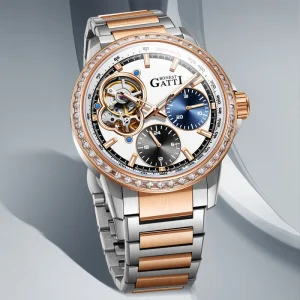 Men Automatic Skeleton Watch Double Flywheel Dual Display Mechanical Self Winding 316L Steel Sapphire 5ATM