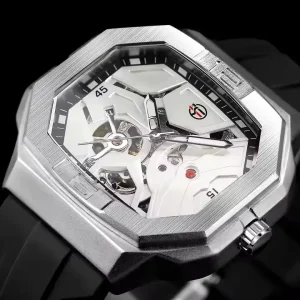 Men Automatic Watch Business Silicone Band Waterproof Skeleton Tourbillon Mechanical Watches Silver Black