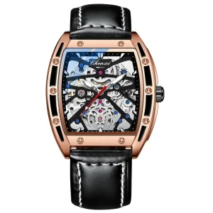 Men Barrel Shaped Hollow Full Automatic Watch Leather Band Waterproof Luminous Watch Luxury Skeleton Mechanical Watch