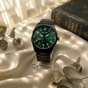 Men Black Stainless Steel Watch Small Second Sunburst Dial Date Window Metal Bracelet Business Casual Waterproof Watch