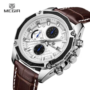 Men Brown Quartz Watch Genuine Leather Strap Analog Chronograph Calendar Sport Waterproof Wristwatch