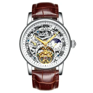 Men Business Style Automatic Watch Leather Strap Mechanical Watch Moon Phase Stainless Steel Watch