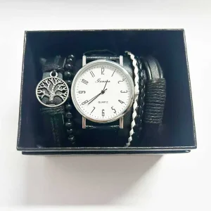 Men Casual Leather Watches Men’s Watch Bracelet Set