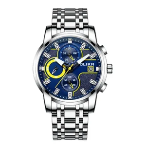 Men Chronograph Quartz Watch Black Stainless Steel Band Blue Dial Date Waterproof Sport Male Wrist Watch