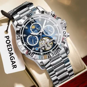 Men Chronograph Stainless Steel Waterproof Luminous Hands Automatic Mechanical Week Date Watch