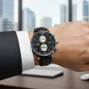 Men Chronograph Watch Top Grained Leather Strap Waterproof Date Display Business Casual Quartz Wristwatch