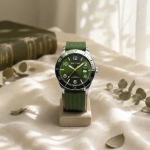 Men Dive Style Watch Rotating Green Bezel Green Dial Grooved Green Silicone Strap Date Window Sports Waterproof Wristwatch
