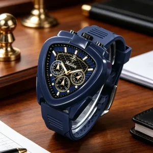 Men Fashion Watch Quartz Alloy Glass Crystal Analog Waterproof Sport Chronograph Triangle Luminous Hands Silicone Box