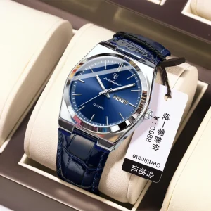 Men Leather Quartz Waterproof Luminous Date Week Wristwatch