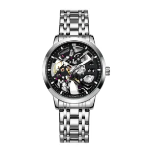 Men Luxury Business Alloy Automatic Mechanical Watch Stainless Steel Luminous Hollow Skeleton Large Dial Mineral Glass