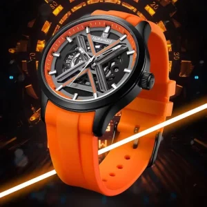 Men Mechanical Watch Stainless Steel Dial Luminous Skeleton Design Waterproof Rubber Strap Business Style