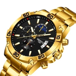 Men Quartz Movement Watch Stainless Steel Silicone Band Chronograph Waterproof Luminous Calendar Sport Wristwatch