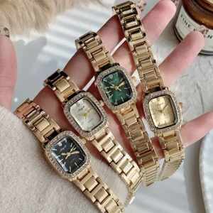 Men Quartz Watch Diamond Encrusted Luxury Alloy Gold Plated Square Bracelet Watch for Women